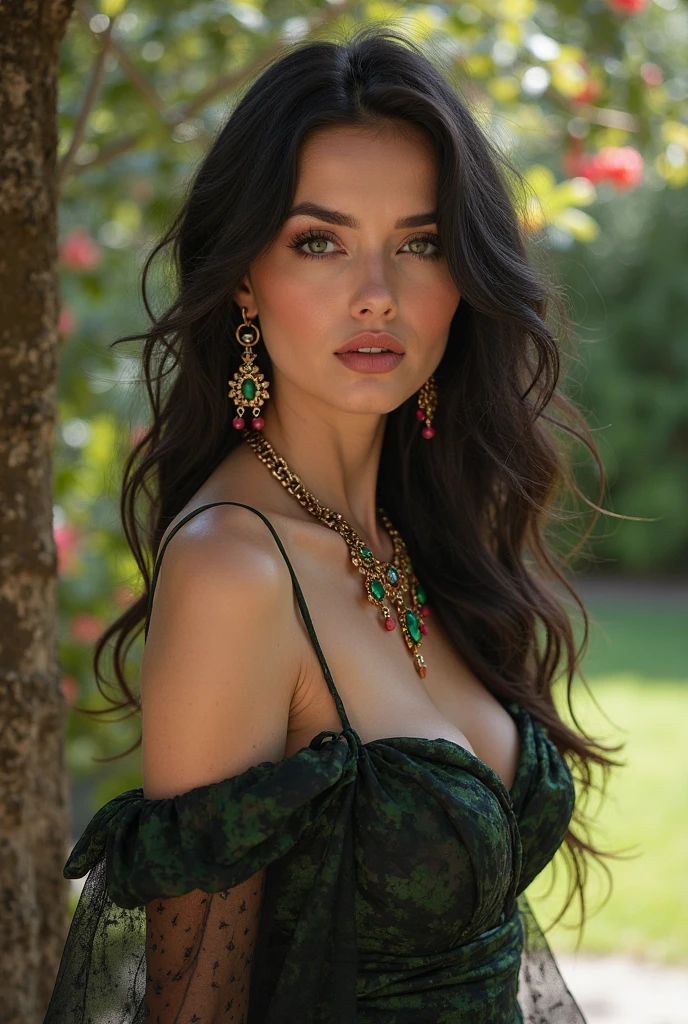 Create a captivating portrait of a voluptuous hispanic woman with green eyes and long, black hair, she is standing. She has a fair complexion adorned with delicate freckles, and her expression is contemplative, reflecting a moment of deep thought. She wears a dark-colored, off-shoulder linen satin dress, with deep neck linen, complemented by a necklace and various boho jewelry that accentuates her bohemian style., photo