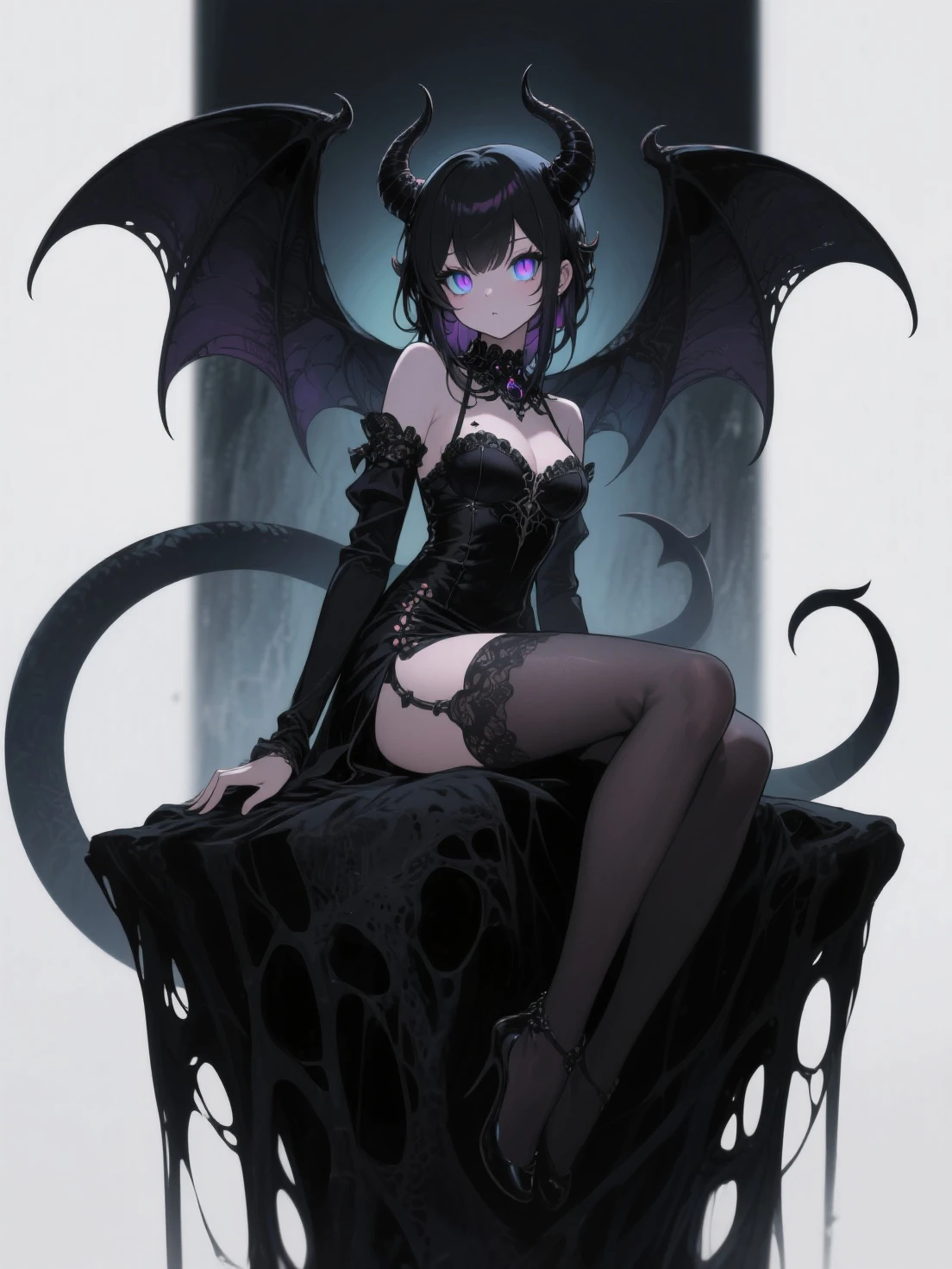 seductive gothic lady with ample bosom and wearing no clothing, devil horns, black color scheme, black hair, blue eyes, smirk, standing up,