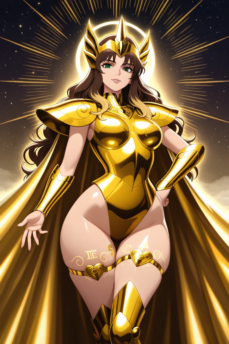 (1 girl), (solo), ((amanogawaki)), best quality, highres, high quality, 8k, HD, super detail, anatomically correct, UHD, accurate, (masterpiece:1.0), (high quality:1.0), (ultra detailed), (Galaxy background), Purple Eyes, Looking At viewer, Serious Face, detailed eyes, (Yellow Leotard), (Yellow thigh Highs), (perfect hands), (Golden Tiara with Purple Gem)