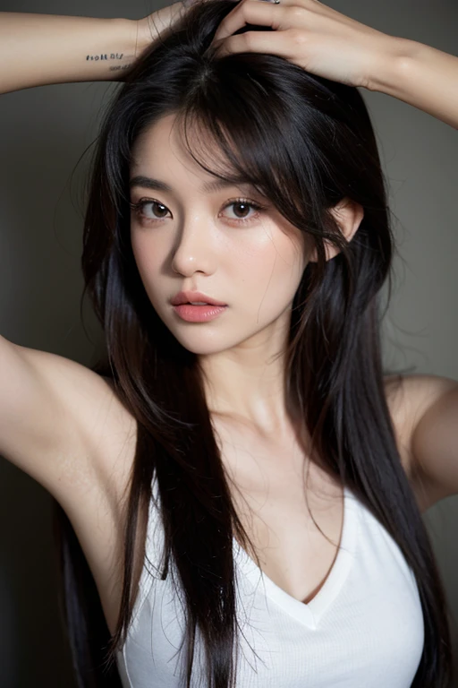 See-through tops、Big Breasts、camisole、(White wall as background、Some of her hair is sky blue:1.4)、White wall、Taken in front of a white door、(A room with a white wall and a window)、((highest quality、8k、masterpiece:1.3))、Ultra-high resolution、(photoGenuineistic:1.4)、RAW Photos、Japanese,(Detailed aspect)、Genuine、Photographed in natural light、Highly detailed face and skin texture、Highly detailed lips、The correct state of the human body、Medium Hair、Black Hair、Various poses、Natural color lip