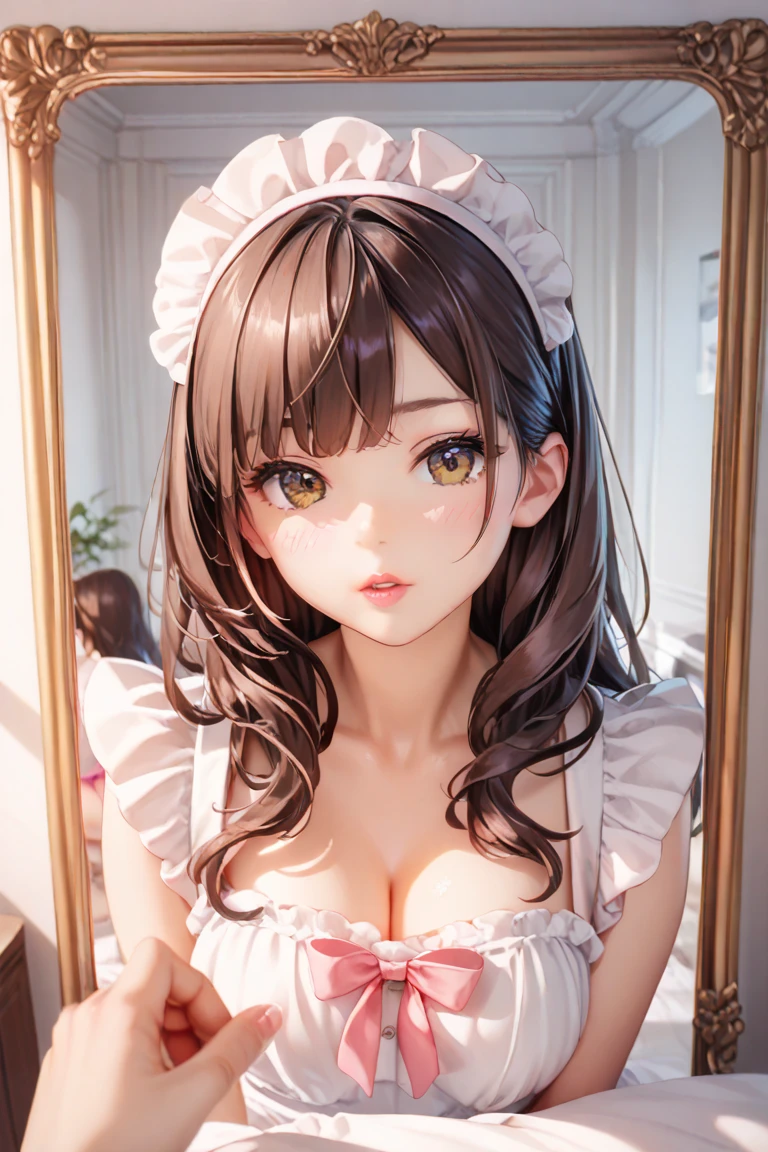 (2 young girls with long hair, Beautiful face and eyes and eyeliner,A delicate little face, pink eyes, Charming smile, (Maid cafe outfit with frilly, Sheer pleated mini skirt:1.5), (Transparent maid cafe costume with large open breasts and hollow:1.2), Sexy transparent underwear,Show belly button, Revealing sexy transparent white panties (very pretty girl), brown hair, Fashion hair accessories quality:1.4), (Extremely detailed),Pendants and earrings、 (Extremely detailed CG unified 8k wallpaper), Very detailed, High-resolution original color photos, Professional photography, Depth of Field, (view from below),