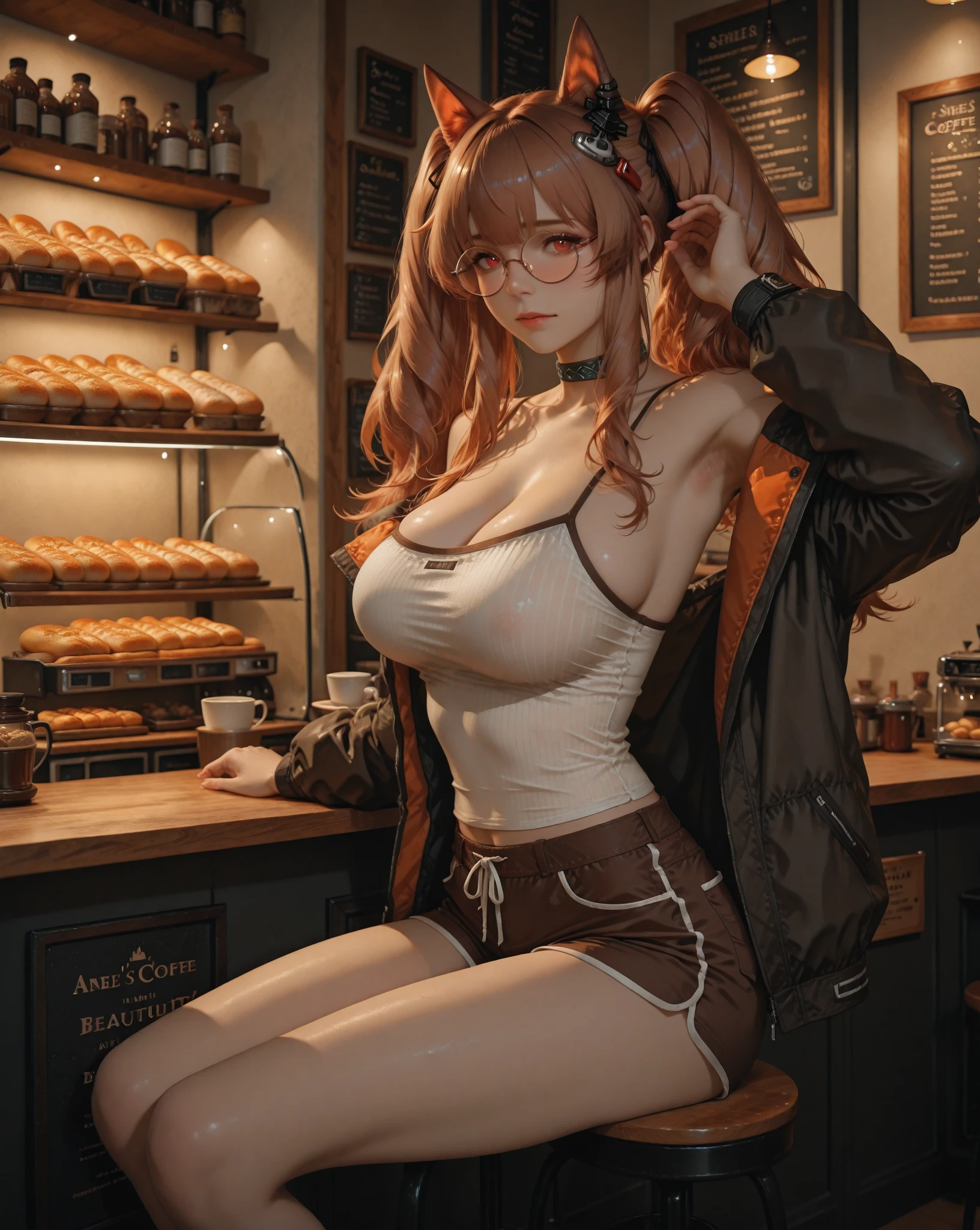 4k, best quality, realistic, detailed, 1girl, 1boy, heart hands. facing viewer. A boy in a hoodie and a high school girl in a hoodie. The high school girl has huge breasts and shows her cleavage from the hoodie. Both of them are shy and red-faced. Sitting in a coffee shop and drinking a hot drink