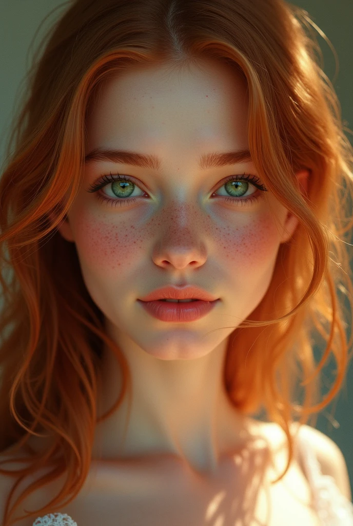 Girl, green eyes, inocent face, cute face, long hair, beautiful, [[realistic girl]], symmetrical face, photorealistic, red-haired girl, cute girl, 16 years, kawaii rusian, realistic, round face , adolescent girl [[realistic]]