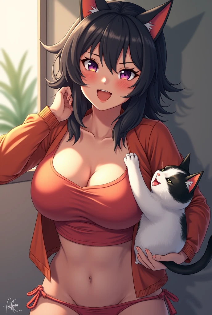 cowboy shot, ((masterpiece,best quality,edgQuality)), (smile), happy, white teeth, 1girl, solo, eye contact, lipstick, choker, cleavage, sweater dress, bare shoulders, (holding kitty), kitty, ((masterpiece,best quality,edgQuality)),incoming gift, IncrsVGiftBoth, <lora:IncomingValentineGiftPOVTwoHandsV2:0.66>