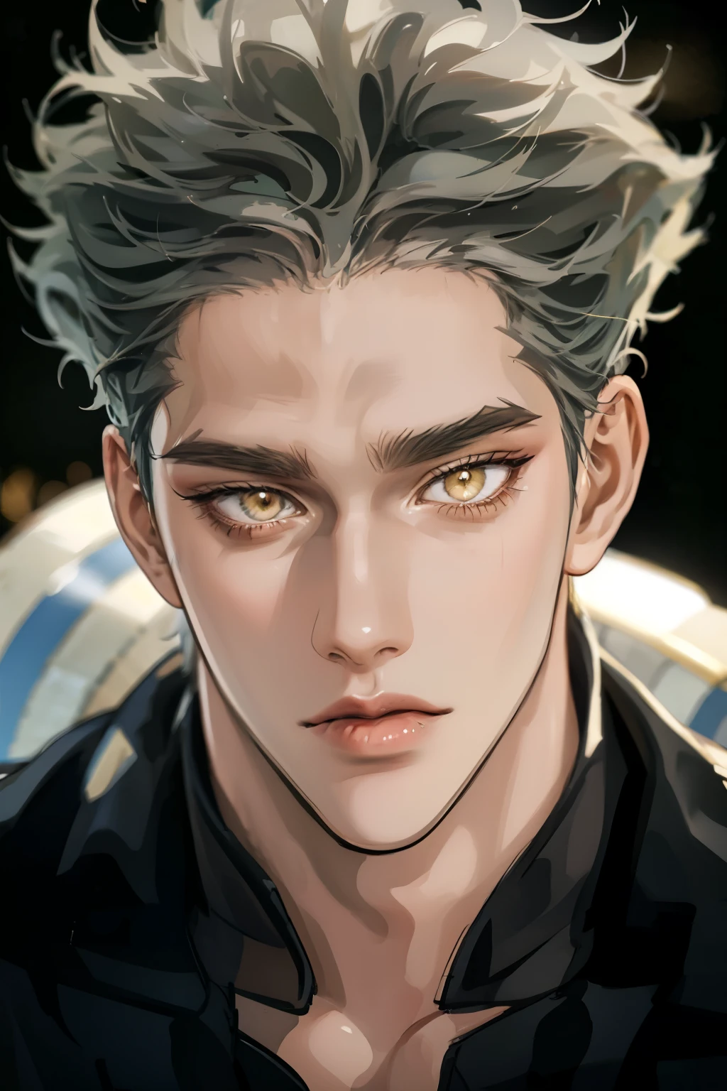 Realistic,Photorealistic,HDR,UHD,studio lighting,Ultra Detailed Description,Professional ,vivid color,Garou,One Punch Man,Yellow eyes,gray hair,18 years old,guy,177cm,Black Chewy Polar That Reveals Your Body,White Dojo Pants,Dojo Straps,Full Body High Definition,masterpiece,Extremely detailed,Bokeh,golden eyes