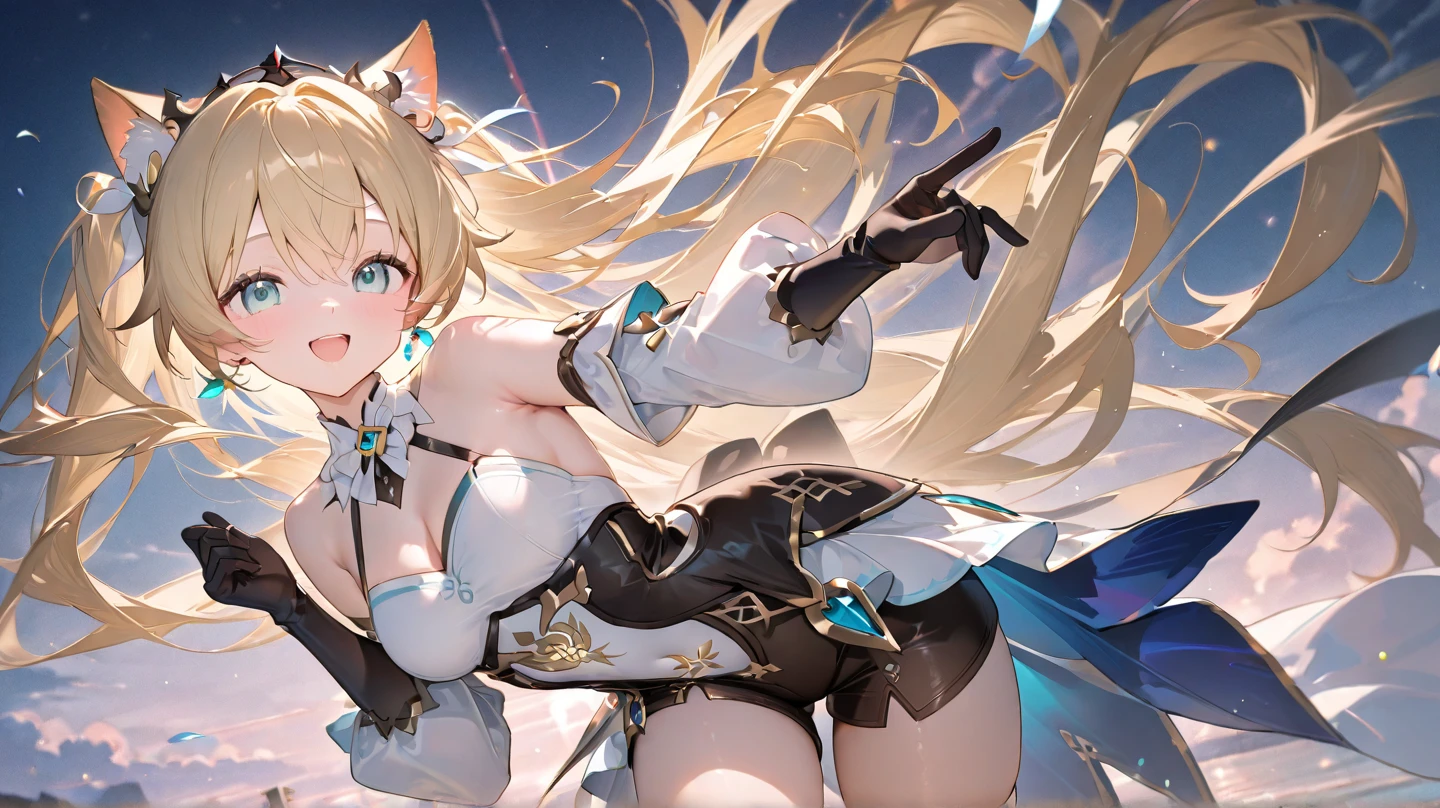 ((4k、8k、top-quality、perfect fingers: 1.3、perfect anatomia: 1.3、Background blur))、((14years、a beauty girl 、a baby face、(white and black with gold decorations、Maid showing leotard、long-sleeve)、long straight hair、Beautiful big drooping eyes))、Happy smiling face、Full body display、Blue summer sky、quiet forest、