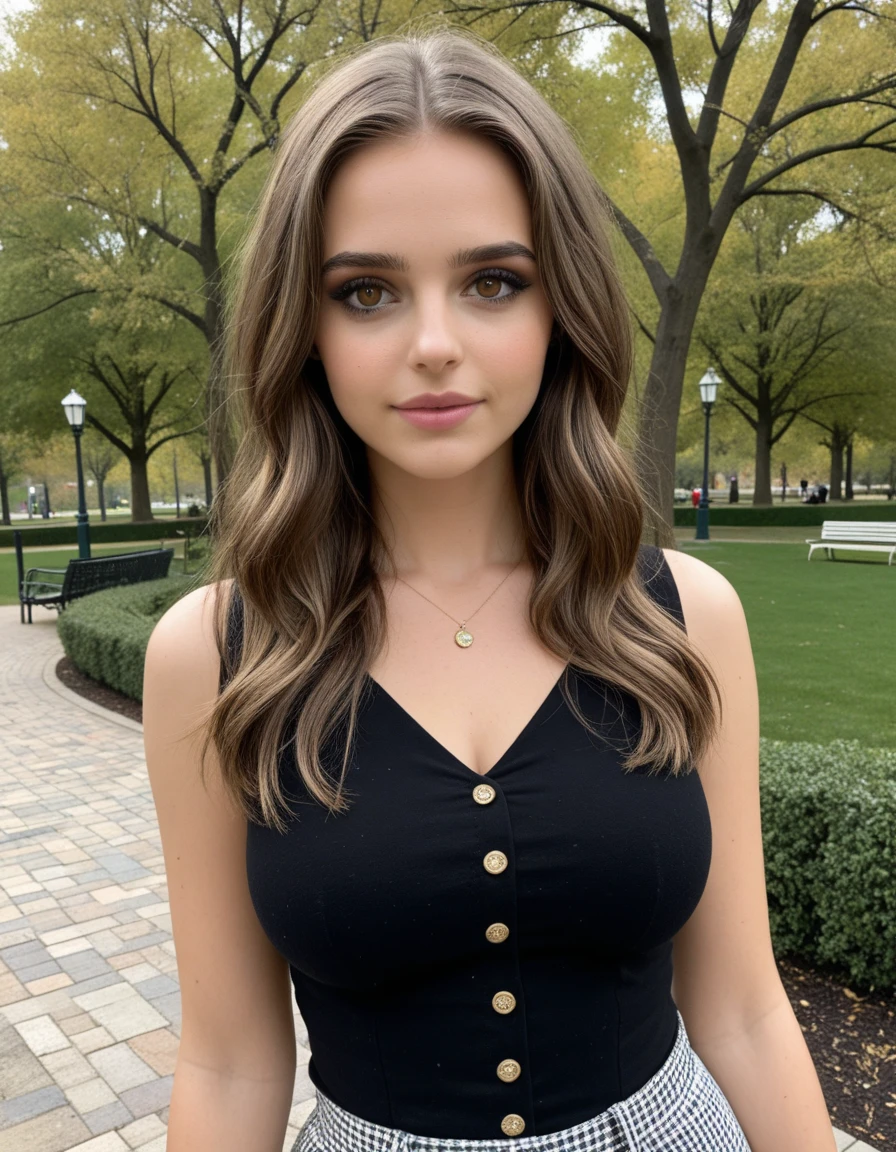A 23 year old brown haired woman, ((big )), ((Hyperrealismus)) ,. Braunes Haar mit hellbraunem Ansatz. blondes Haar, Haare mit braunen Wurzeln, extra langes Haar, sehr langes Haar, wirklich lange Haare, Nice, Vorderansicht, Selfie, Mit dem iPhone aufgenommenes Foto, elegantes schwarzes Hemd mit Escote, escotada, Selfie in the garden, Good quality, Selfie iPhone, Dekollete