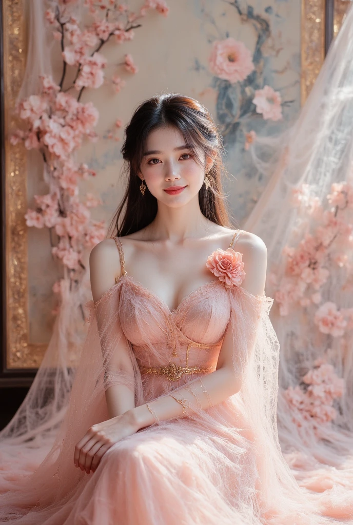 one women in wedding dresses sitting on the bed,holds a bouquet of flowers, lalisa manobal, Album art, Official artwork, very magical and dreamy, ethereal fairytale, Ethereal beauty, Koreainsta Goddess, Ethereal fantasy, celestial goddess, lalisa manoban of blackpink, sakimichan, jaeyeon nam, ulzzangs, Ethereal and dreamy, fantasy beautiful,Extra-large big breasts,Blush,Perfect body slim curves, 8K art photo photo,Japan goddess,