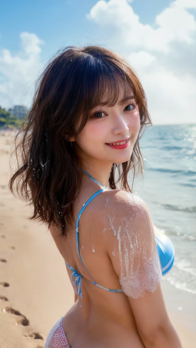 (8K, Raw photo, Best Quality, masutepiece:1.2), high-definition RAW color photography, professional photograpy,(Realistic, photographrealistic:1.2), ((Best Quality)), Cloudy sunshine,1girl in,16 years old, masutepiece,Realistic,Happy smile, A charming smile, seducting smile, Naked, In the nude, Large breasts,tensile breasts, Take a shower in a cabana on the beach, In the shower,Beautiful, extremely pretty, Cute, A Japanese Lady,female idol, round big eyes, small nostrils, Light makeup, large round eyes, Narrow waist, Whole body, From head to toe, Soft light, Summer, White sand, beach parasol, Short hair,