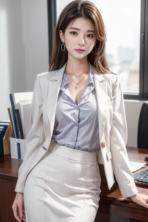 a 29 year old face of the most beautiful actress in the world, the perfect body proportions of a female, blazer is firmly worn on formal shirt which is covering whole upper body of a female, panties are worn under short skirt, bare legs of a female sitting on a chair are opened, in the office, nsfw, best quality, highly detailed, masterpiece, ultra high res, photo realistic, 8k