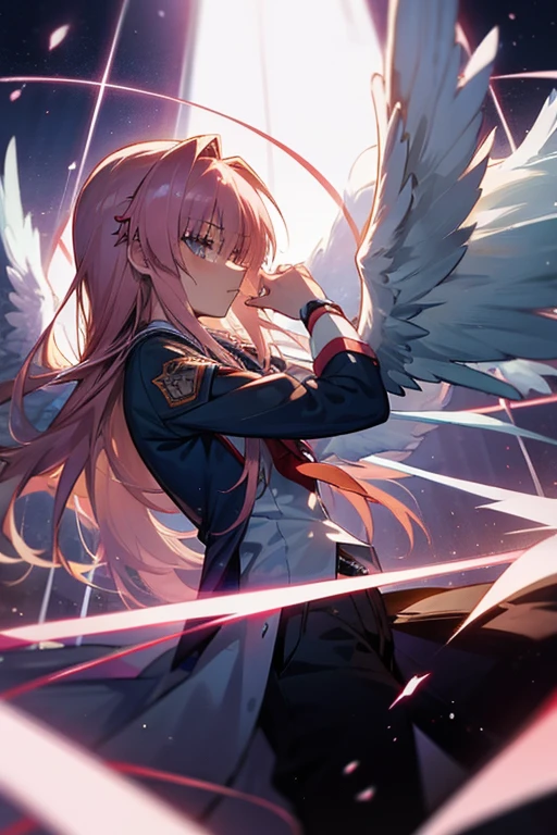 anime, long white hair, pink eyes, wearing a pink ribbon, white shirt, pink jacket, white pants, wearing white wings
