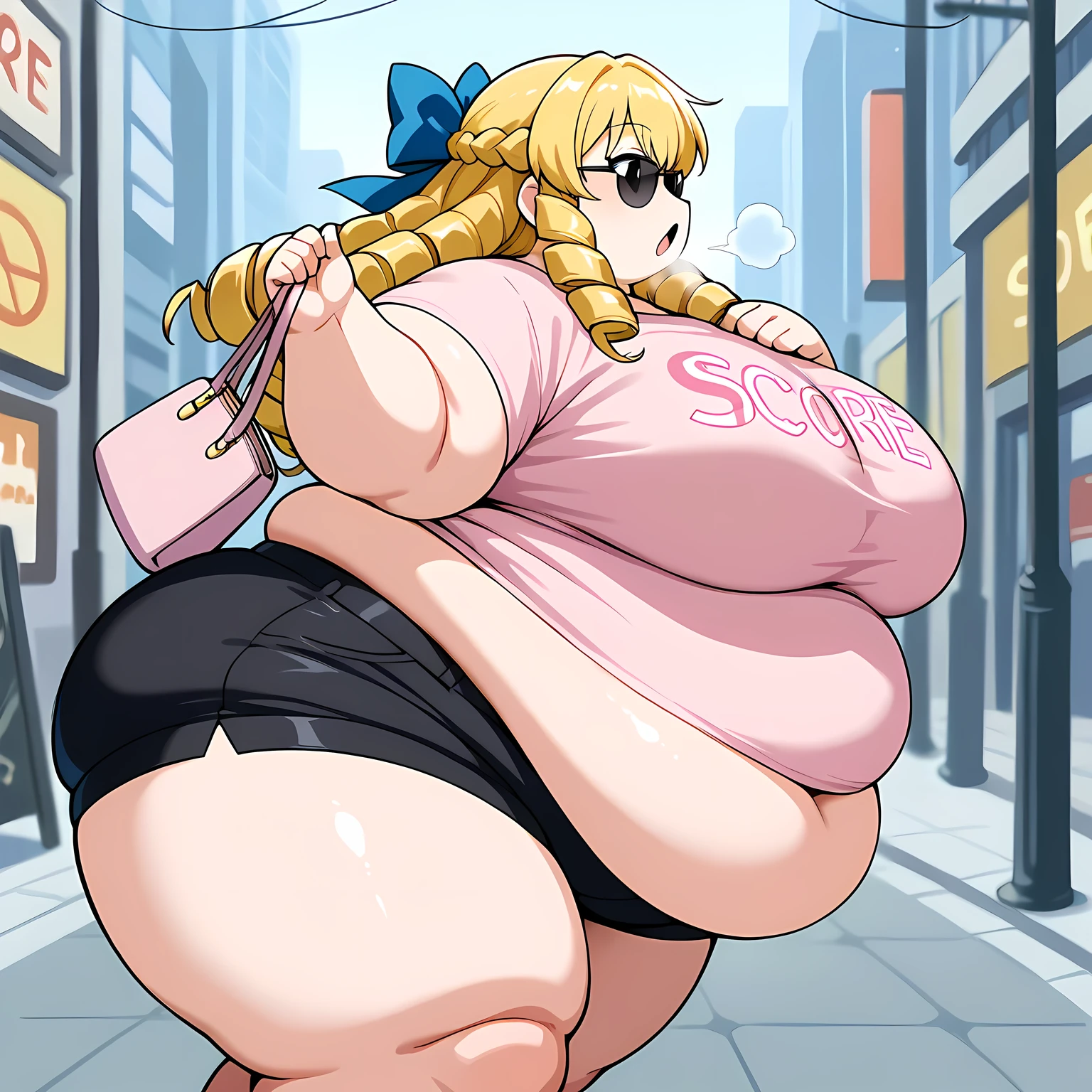 score_9, score_8_up, score_7_up, score_6_up, source_anime, BREAK 1girl, solo sfkarin, blonde hair, drill hair, hair bow, pink t-shirt, sunglasses, black shorts, handbag, city street fat, chubby, obese, gigantic arms and legs, large breasts open mouth, out of breath, from side, pov belly, walking,
