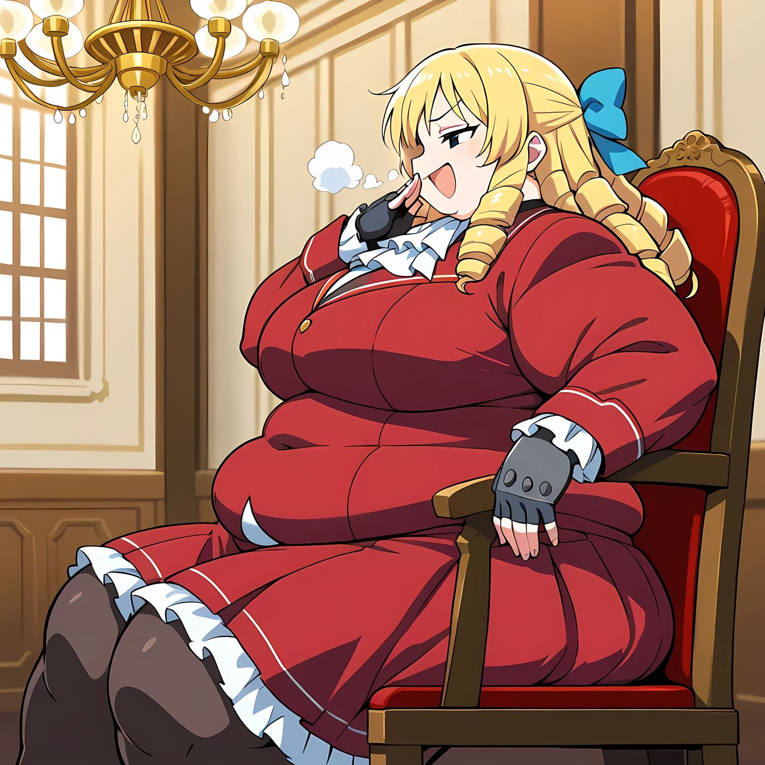 score_9, score_8_up, score_7_up, score_6_up, source_anime, BREAK 1girl, solo sfkarin, blonde hair, drill hair, hair bow, white ascot, red jacket, long sleeves, red skirt, frilled skirt, pantyhose, fingerless gloves, laughing, smug,, sitting, chair, mansion, fancy chair, chandelier, looking at you fat, chubby, obese, gigantic arms and legs, large breasts open mouth, out of breath, from side,