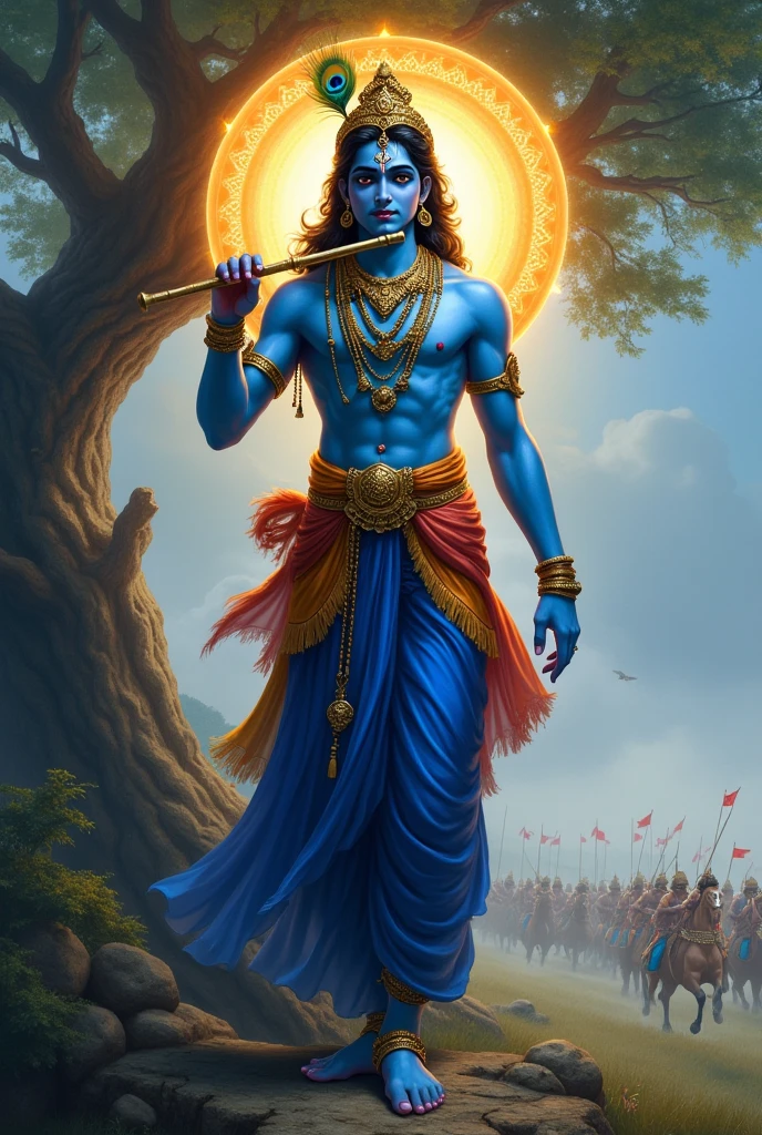 Lord Krishna smilingly lifts the very big mountain from his little finger and has a crown decorated with peacock feathers and hold the flute with the other hand in rainy dark night