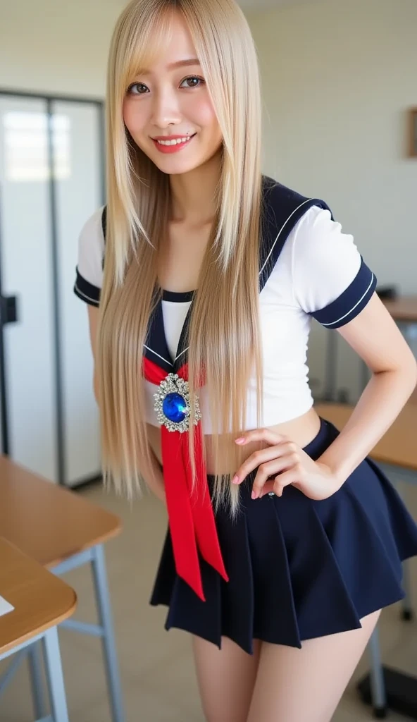 Beautiful 15 year old shy blonde girl wearing sailor uniform with mini skirt, beautiful blue eyes, breasts, ass, long blonde hair, at school, long thick bangs, ultra detailed hair, messy hair, golden hair, flirting, looking at viewer, sexy, very pretty, sexy, schoolgirl, French, bare shoulders, closed mouth.