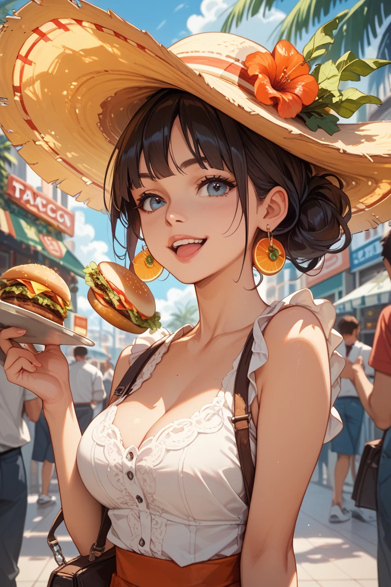 Mexican woman eating tacos, Mexican food stall tortillas and nachos　Bikini and slim jeans　highest quality　Tequila and Corona beer on the table　String Panties　I can see your pants　Dark eyeshadow　High heel shoes　