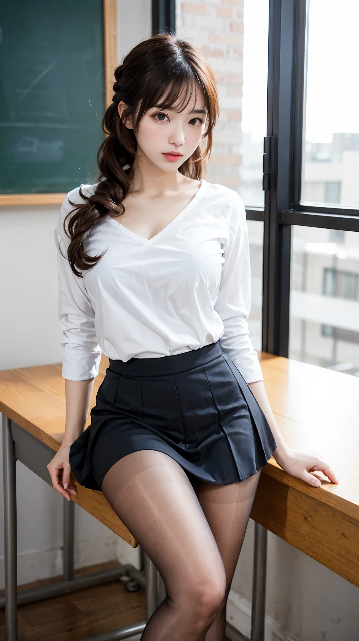 ((highest quality)), ((masterpiece)), (Get used to it), Very accurate depiction、Perfect Face, Detailed face、 Beautiful eyes in every detail、Realistic skin texture, Japanese women、41 years old、She is a teacher、I teach in the classroom.、Wavy short hair、Overbyte、Half-open mouth、Long corners of the mouth、The whole body is photographed、A very loose white blouse、No bra、Nipples、Black short skirt、No underwear、pubic hair、Wet Skin:2.0、Wet Hair:2.0、Looks embarrassed、Are standing、Spread your legs