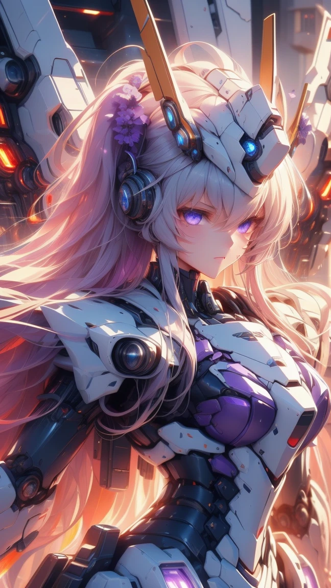 (((Best quality, 8k, Masterpiece: 1.3)), ((best quality)), ((masterpiece)), (detailed), perfect face, Female android, artificial intelligence, robot, metal frame, cyberspace, science fiction, laser gun, mechanical body, ((blonde hair)), windblown hair, helmet with decorations, cowboy shot