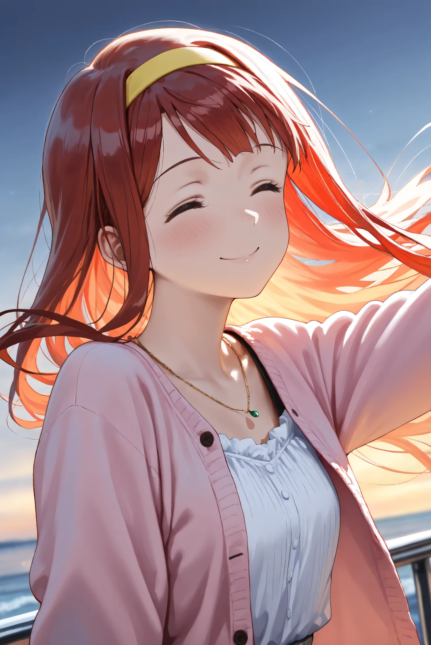 (Masterpiece), (Highest quality), (Very detailed),
(The best shape), (Best Shadow), (Absurd),
(Detailed background), (So beautiful), (Shiny),
(Extraordinary), (Countershading), (8k), (32K),
(High resolution), (Very Detailed CG), (UHD),
(Score_9), (Score_8_up), (Score_7_up),
(Source_anime), (Pastel painting:1.2),
(Watercolor painting:1.2),(Masterpiece, Detailed:1.2), (Foreshortening:1.2),
(Cinematic), (Dramatic), (Depth of field:1.4),
(Blurry background:1.4), (Realistic background:1.4),
(Dynamic angle), (1 girl),
(Outdoor), (Wind), (before dawn:1.2), (sea),
(dark sky:0.9), (handrail), (back lighting),
(Casual wear:1.3),
(white one piece), (long one piece),
(pink cardigan), (open cardigan),
(long sleeves cardigan),
(Black string), (Waist string),
(portrait:1.2), (Focus on face), (Close up shot),
(Blush:1.3), (smile), (happy), (her eyes closed),
(Realistic skin), (Shiny skin),
(Tanaka Kotoha),
(The idolmaster million live!),
(mirishita), (kotoha),
(brown eyes), (red hair), (long hair),
(yellow hair band), (necklace),