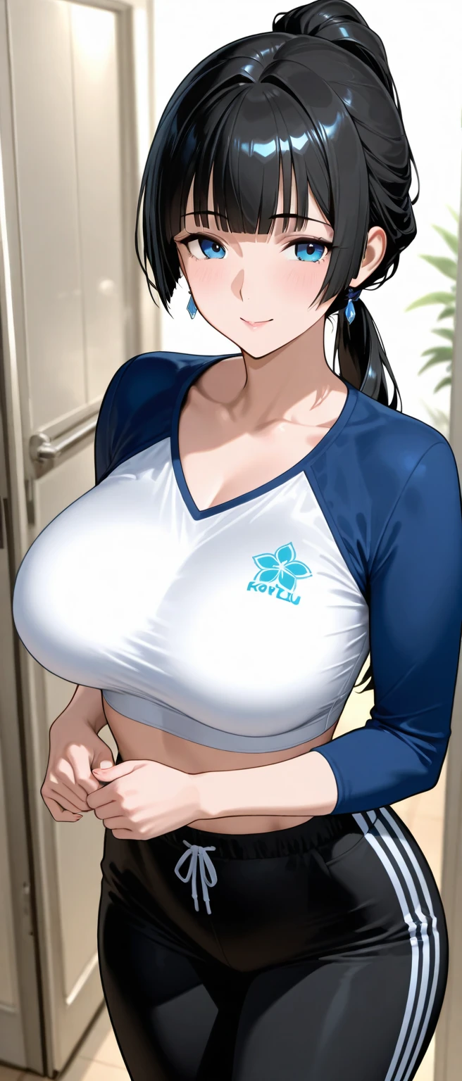 score_9, score_8_up, score_7_up, score_6_up, score_5_up, score_4_up, 1girl, yelan,, large breasts,,collarbone,smug, , floox style,jacket,, open clothes, blue jacket, blue jacket, blue track suit,, sportswear, standing, steam, steaming body, sweat, , track jacket, track pants, track suit, nipple slip, V, rating_explicit, , high resolution,, deep breath, , head out of frame, closed mouth, grey background, naughty smile, solo, highleg bikini panties under clothes, navel