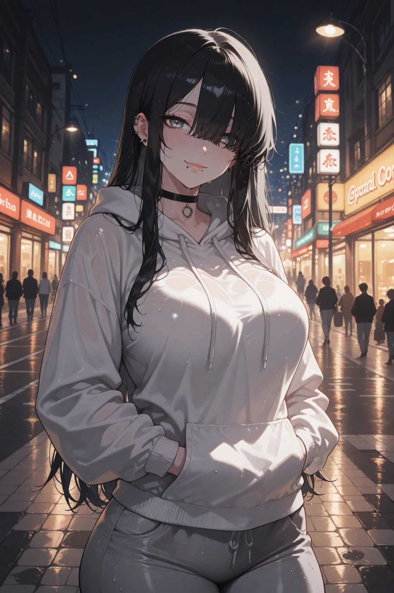 ((masterpiece,Highest quality;1.3,best illustration)),cowboy shot,1woman、25 year old beauty、独奏,((very small head:1.5)),dark brown hair,long hair,bangs,brown eyes,gorgeous eyes,blush,small breasts,((very long body:1.3)),((toned body,slender body,skinny)),gleaming skin,shiny skin,oily skin,(Black zip-up hoodie outer jacket、White tight T-shirt、denim micro shorts)、Carrying a black backpack、on street,Tokyo,