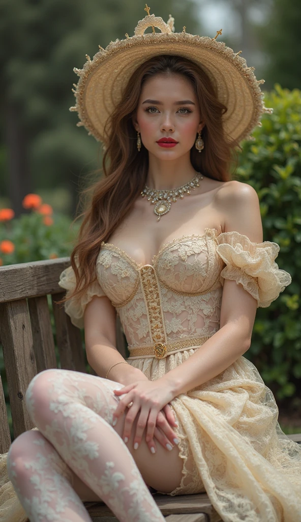A colored pencil sketch of a beautiful woman with large graceful breasts, full body, a light brown ruffled blouse, large breasts, high rise skinny jeans, curves, slim waist, wide hips, swinging hips... An opulent historically accurate Victorian dress. A mix of Sabrina Carpenter. She is seductively sitting under a live oak tree, her full body is appreciated.