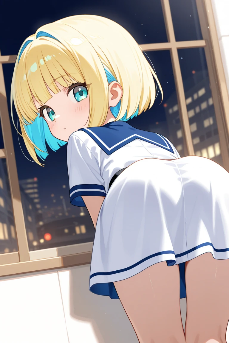beautiful illustrations, highest quality, 1girl, (12 years old girl:1.5), (cute girl:1.6), flat chest, (girl like bisque doll), navy blouse, light blue white shirt, Not safe for work, ((sitting, GYNECOTOLOGICAL DELIVERY TABLE)), (((No panties))), (cunnus:1.4, toy phallus to puss fuck), Open twat:1.6, anus, ((spread legs)), looking at viewer, Cinematic lighting, (blonde straight hair), A Euphoric Smile, white socks, obstetrics and gynecology,