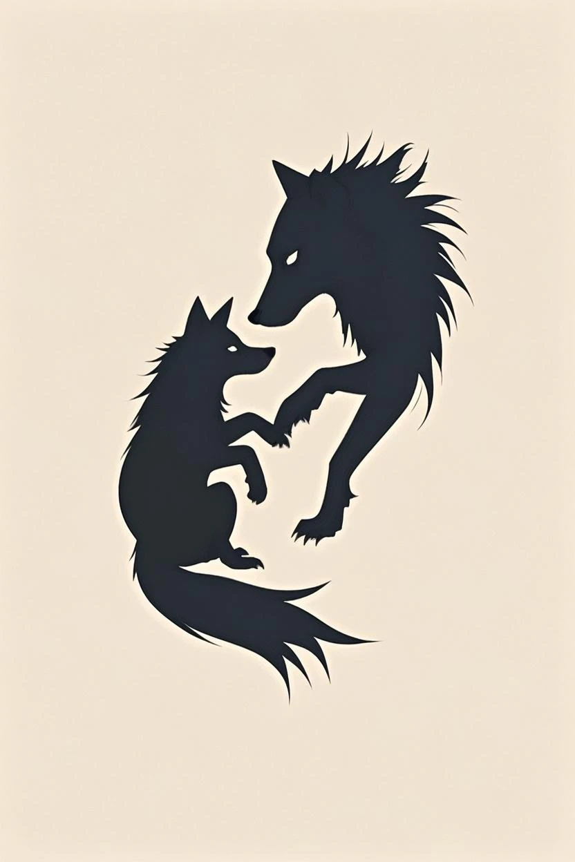 Would you like a basic tattoo of a big wolf and its little baby? (Vector mode with multiple lines) and both howl in the same direction Model of only lines or strokes in black and white as if it were an image to paint. That the image is not full body but like a half moon