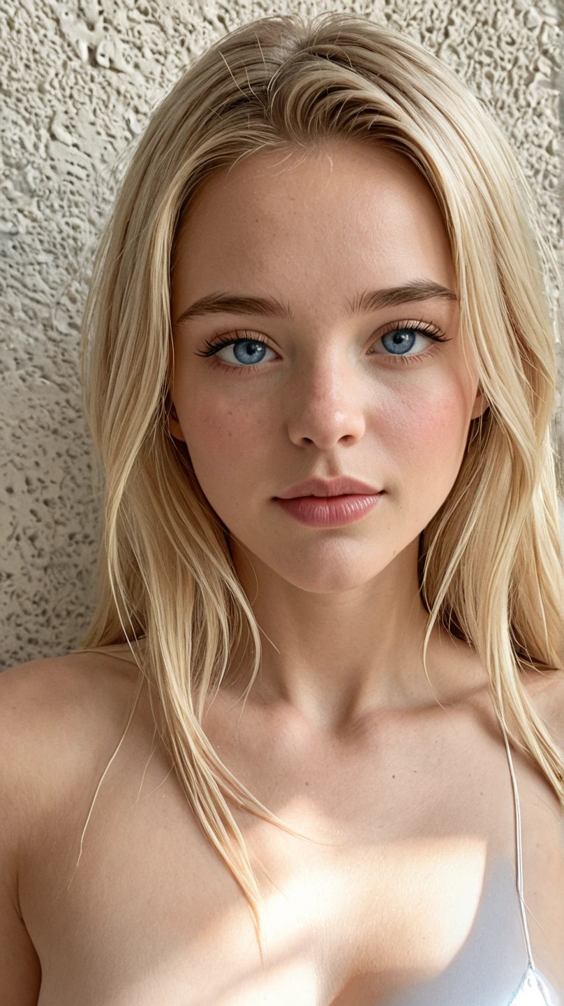 jeune blonde de 21 ans avec les yeux bleu qui fait un Selfie et un V avec ses doigts, Selfie