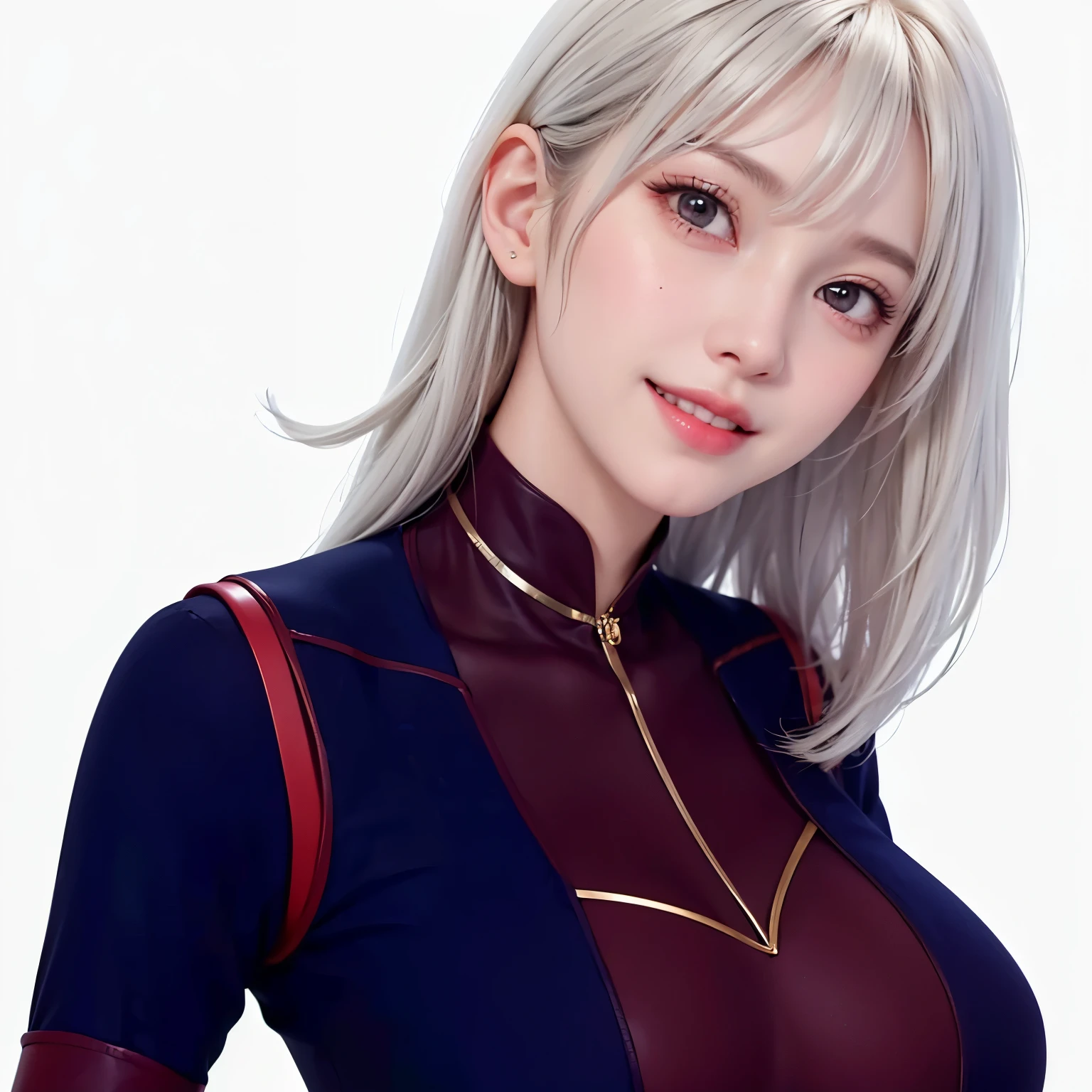 (masterpiece:1.5), (8k, photorealistic, RAW photo, best quality: 1.4), ultra high res, ultra realistic, highly detailed, golden ratio, (1 woman:1.5), 26 years old, beautiful face, (realistic face), (medium hair ,white hair ,parted bang:1.5), (parted bangs:1.3) ,(white hair:1.4) ,beautiful hairstyle, realistic eyes, (brown eyes :1.4), beautiful detailed eyes, (realistic skin), beautiful skin, (cute smile:1.2), small breast, looking front, (upper body), (white background:1.4)