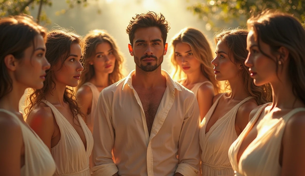 man greeting girls who are in front of him without any clothes on