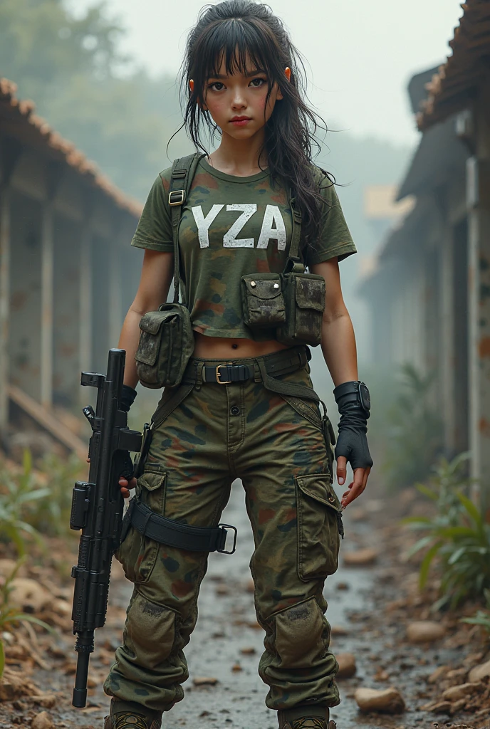 8k, RAW photo, best quality, ultra high resolution, photorealistic, realistic photo of skinny brunette girlsoldier, (skinny brunette girl, tanned skin, slim face, black hair), (full body picture), (in the apocalyptic city), apocalypse, city ruins, wearing military gear, wearing city military camouflage, holding riffle, looking at viewer, danger, dangerous face, angry face, (extremely detailed CG unity 8k wallpaper), Sharp focus, (bright light)