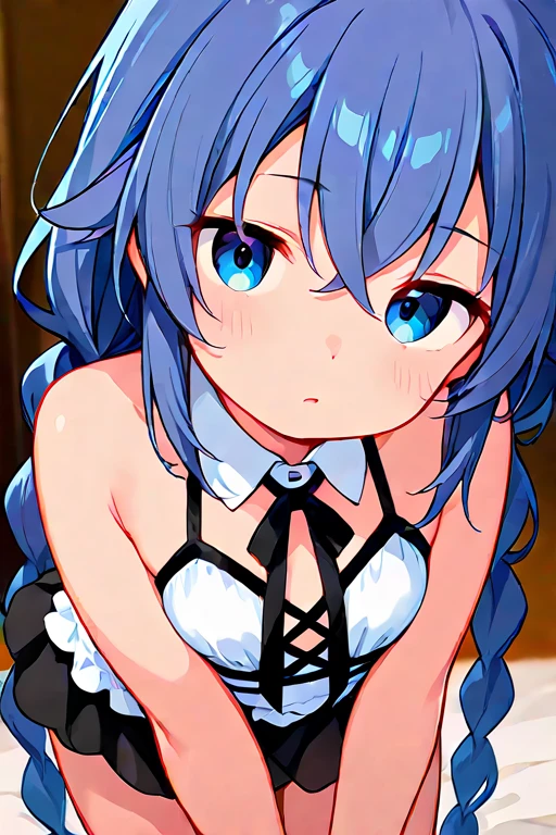 Kneeling,Straight Stand,Hands behind back,Both hands tied,open mouth,tongue out,cum on tongue,1girl,(((((12-year-old girl))))),(((((Short,))))),slender,small breasts ,front face,from front,front view,looking at viewer, looking ahead,(from above:2.0),cowboy shot,Black Hair,Twin tails,Gray Eyes,Drooping eyes,slit pupils,narrow eyes.Mischievous smile,A see-through black and blue negligee,Sexy Lingerie,Collar with leash,Dimly lit room,Gray wall,On the bed,Dim lighting,Beautiful and detailed anime art