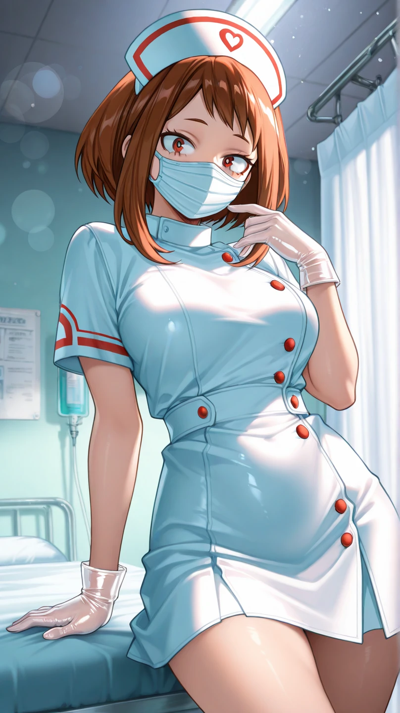 1girl, solo, nurse, nurse cap, white wear, ((white legwear, zettai ryouiki)), white gloves, very short hair, orange hair, ((white surgical mask, covered nose)), standing, ((hospital room)), sharp outline, short sleeves, tomboy, boyish, best quality, masterpiece