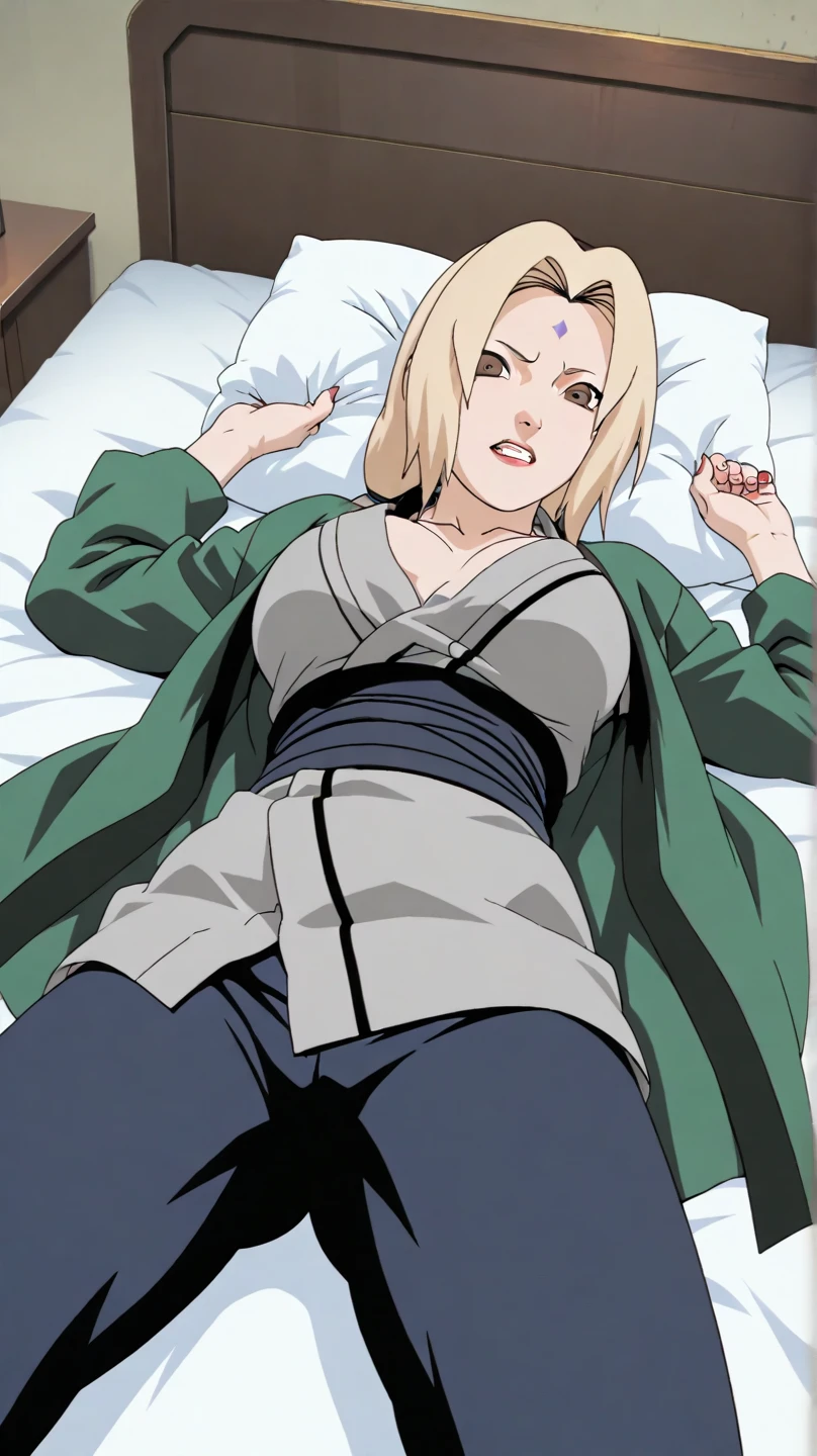 Tsunade, Blonde hair, Huge breasts, Mature female, Blue pants, Green coat, Chest bandage (masterpiece:1.2, best quality:1.2, beautiful, high quality, high resolution:1.1, Aesthetic), detailed, extremely detailed, ambient soft lighting, 4K, Perfect lighting(indoor,Lying in bed,indoor,)),(at the hotel,nervous,)),((blush,Uncomfortable expression,)),((blush,特别blush,nervous,Sweating,Sweating,)),(Sexy pose),(blush,Sweating,Kneel down,Kneel down,)