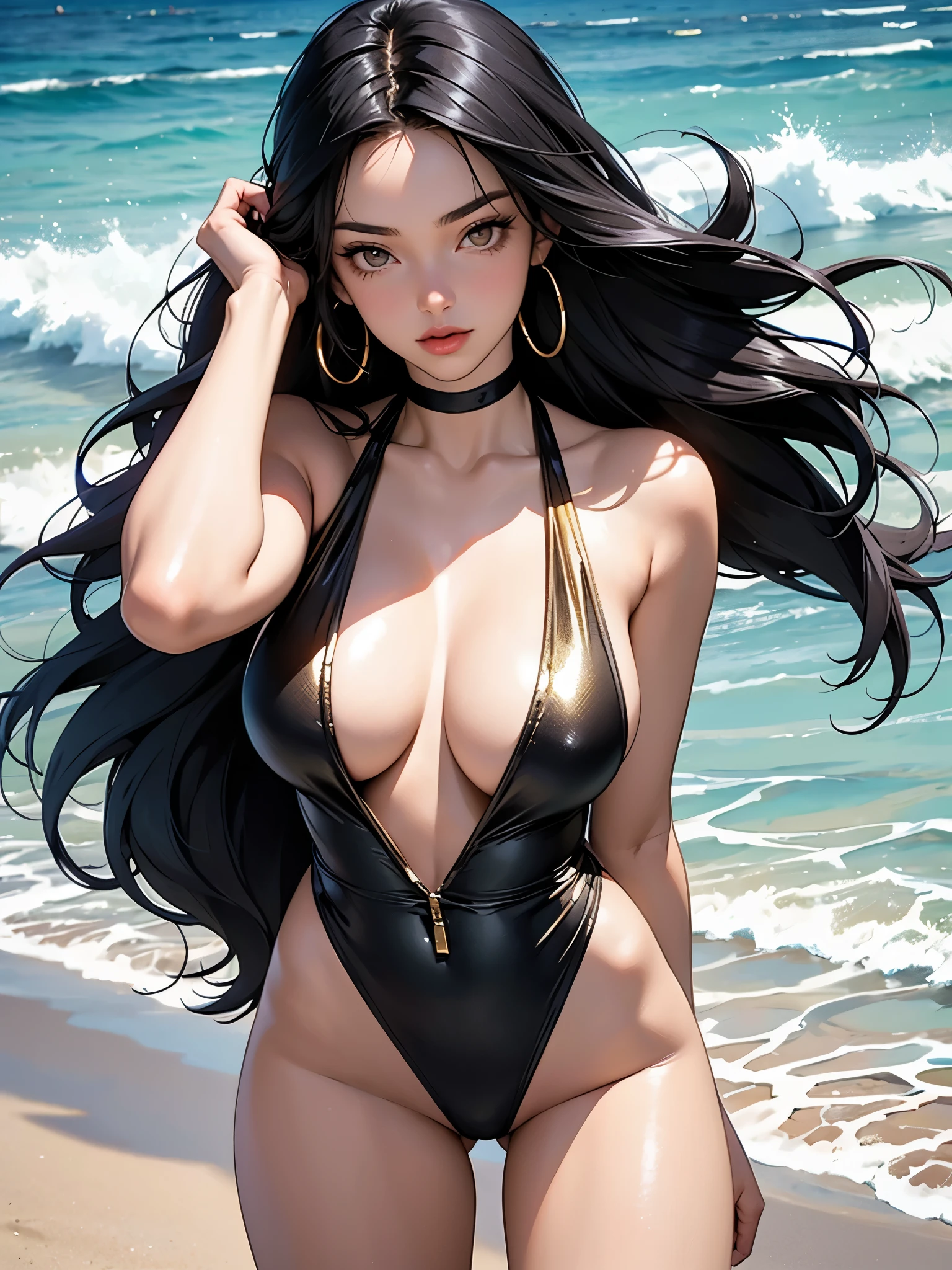 a photorealistic photo of an attractive goth russian woman with long black hair and blue eyes her face is thinner and long with defined cheek bones, a slight dimples, she should be smiling, Large breasts and medium sized nipples that are hard. She should look a little bit like megan fox and Margo Robbie, naked bent over with ass facing camera looking back over shoulder smiling on the beach