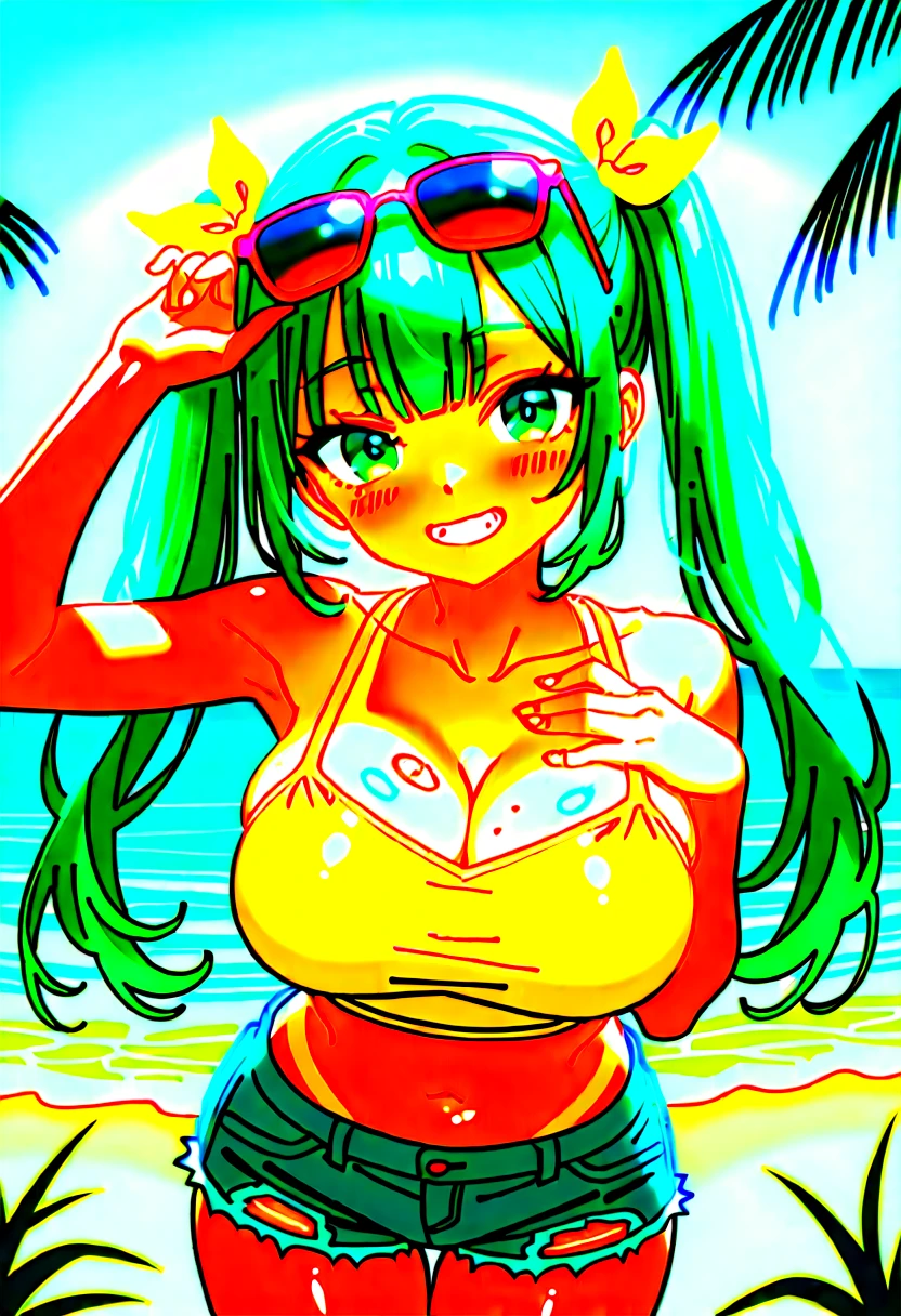 Her sapphire eyes match her small bikini, On the beach wet with water, this anime girl has big tits and big thighs