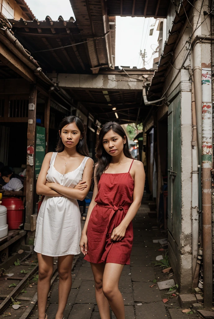 A young woman indonesian wearing a white T-shirt has the words Pinjam Dulu Seratus in pink. chubby. Thick artistic writing. Walking in a narrow alley, in Indonesian. Looking at the camera. Sai-hdr