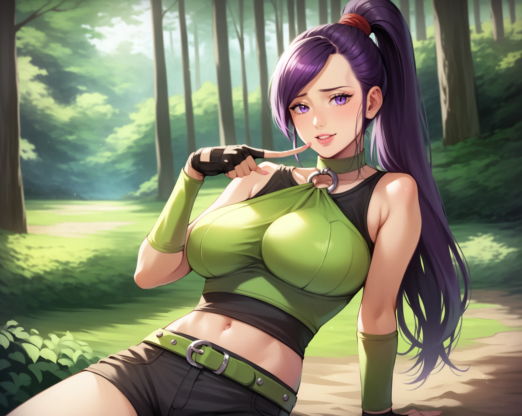 realistic, photo, masterpiece, best quality, 1girl, nico robin,forest, shiny skin,long hair, blue collared jacket, crop top, midriff, navel, sarong, eyewear on head, zipper, Partially unzipped, smiling, parted lips, cowboy shot