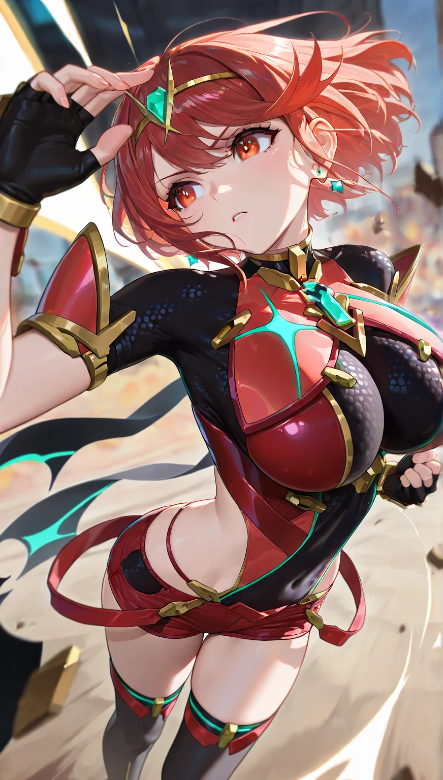 (best quality,4k,8k,highres,masterpiece:1.2),ultra-detailed,(realistic,photorealistic,photo-realistic:1.37),HDR,UHD,studio lighting,extreme detail description,professional,vivid colors,bokeh,(charming,alluring:1.1),playful,teenage girl,X-rated,mythical,Chala,dressed in a short green crop top and hot pants,standing with the body of a falcon, ,smiling with red eyes,stunning,showing off her exposed chest,posing like a lingerie model,flirtatious,enticing,with intricate hand tattoos and delicate details all over her skin,defiantly provocative,graceful posture,short chestnut hair turning into vivid red at the tips,TV show,tempting,with her tongue sticking out mischievously,heart-shaped tattoo on her hip,sitting with her curvaceous rear lifted,exuding sensuality,the view from behind,showcasing her ample buttocks,sweating,a captivating and sexy sight.背影