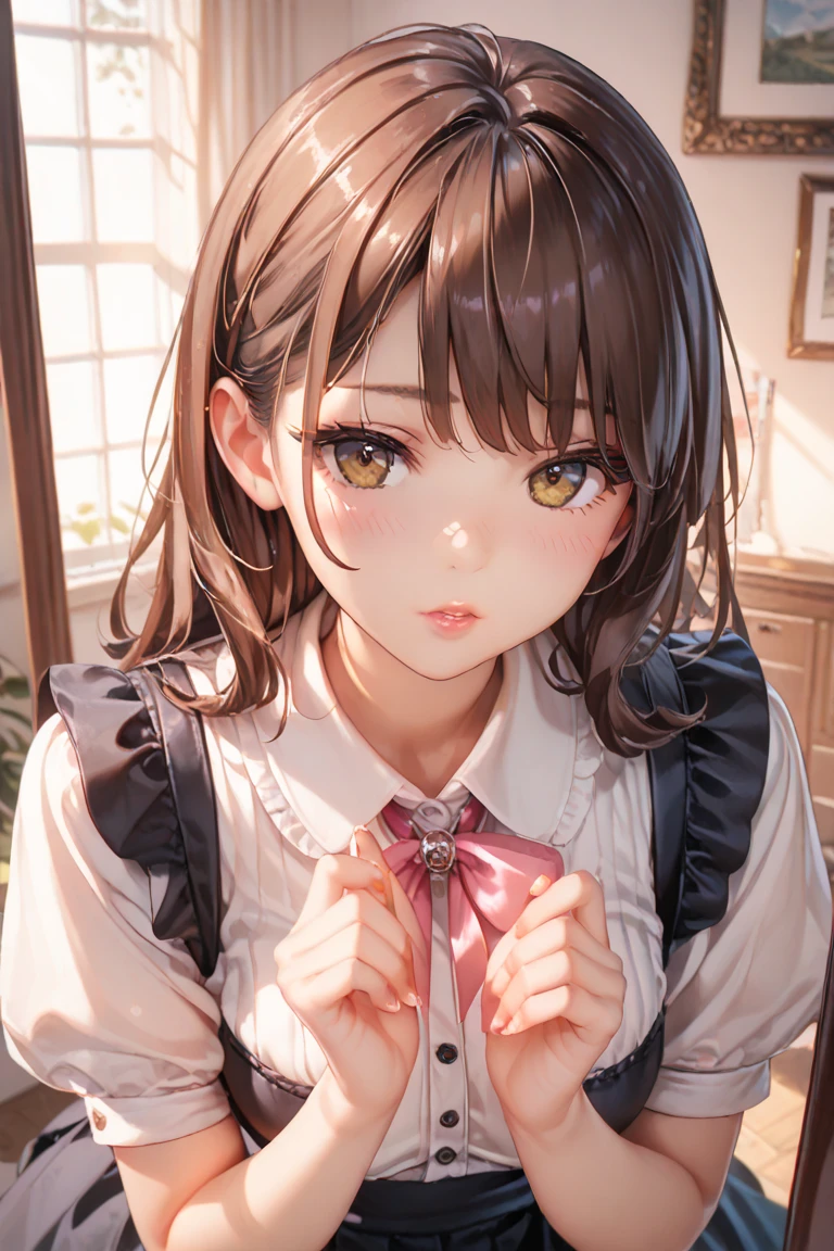 (8K high resolution), (Highest quality), (RAW quality), (Realistic), (Realistic:1.37), ,Big eyes,Long eyelashes,(Small breasts:1.5)，(Small breasts:1.5)，(Flat Chest:1.5)，(My chest is about to swell:1.5)，(Skinny girl:1.5)，(Baby Face:1.2)，(Childish body:1.3)，(Childish body:1.5)，(very young body:1.3)，(Oily and shiny skin:1.3)，(13-year-old junior high school student:1.3)，The whole body is visible、((Beautiful eyelashes, Realistic eyes)), ((Detailed face, blush:1.2)), ((Smooth texture:0.75, Realistic texture:0.65, Realistic:1.1,)), Small breasts, Dynamic Angle, Perfect body, ((Red bow tie, , , White shirt, Pleated skirt, Dark Blue Skirt, White sneakers)), dissatisfaction，(:1.8)，(Handjob:1.8)，