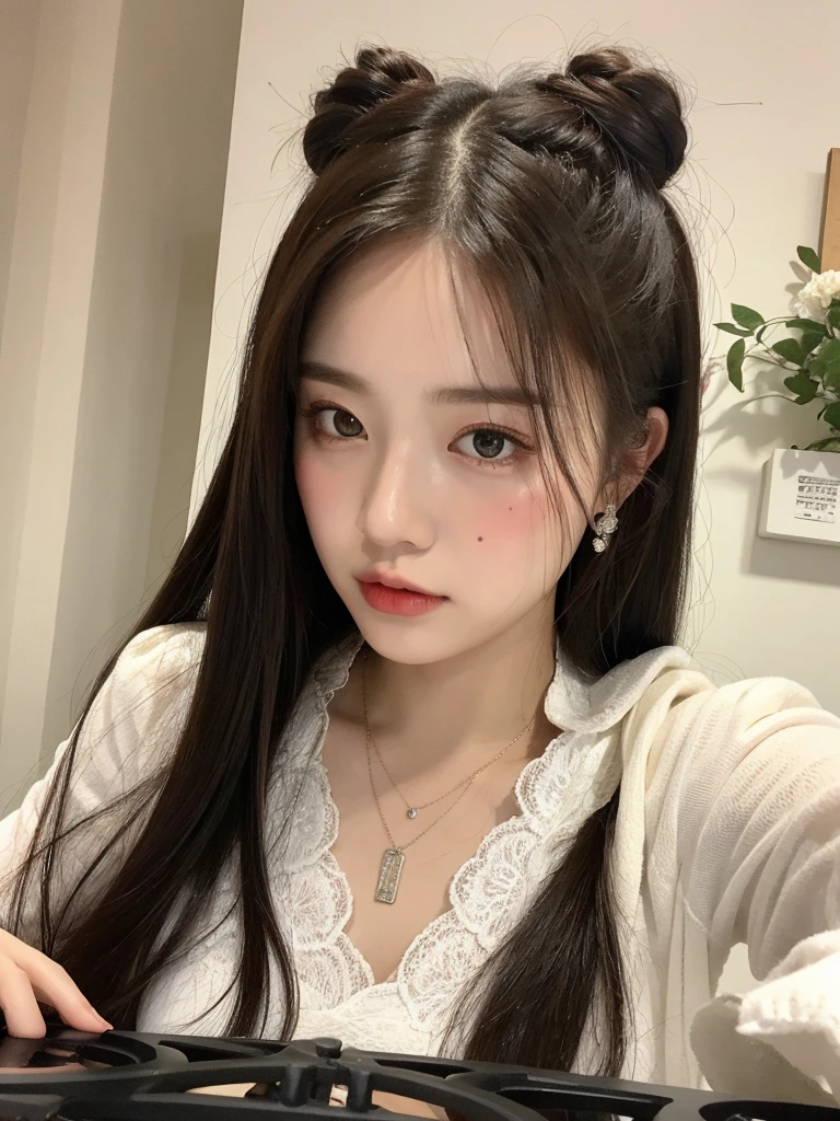 Kim Jennie with white brown hair, con rulos en las puntas, with two bows on each side of the hair, all her hair white brown, with a star clip in her white brown hair, ojos de color claro, ojos bonitos, ojos llorosos, nariz bonita y respingada, nariz lloroso, labios bonitos, labios rosas, heart and cupid shaped lip, piel bonita, pale, piel blanca, con lunares y pecas en todo el rostro, rubor rosa suave en las mejilla, rubor rosa natural, maquillaje suave y rosa, jennie, cuello bonito, cuello marcado, frown, mirada tierna, con un collar de beso, un collar bonito de beso, parecido a Yumeko Jabami, mientras lleva puesto un Crochet YK2, de lana, with a YK2 style brown mini skirt, mientras lleva una casaca con estampados de ositos, mientras tiene el abdomen desnudo, delgado, marcado y bonito, (pechos grandes, pechos suaves, pechos bonitos), mientras esta haciendo cospaly del personaje Yumeko Jabami, del anime Kakegurui, mirando a la camara, autofoto, selfie bonita