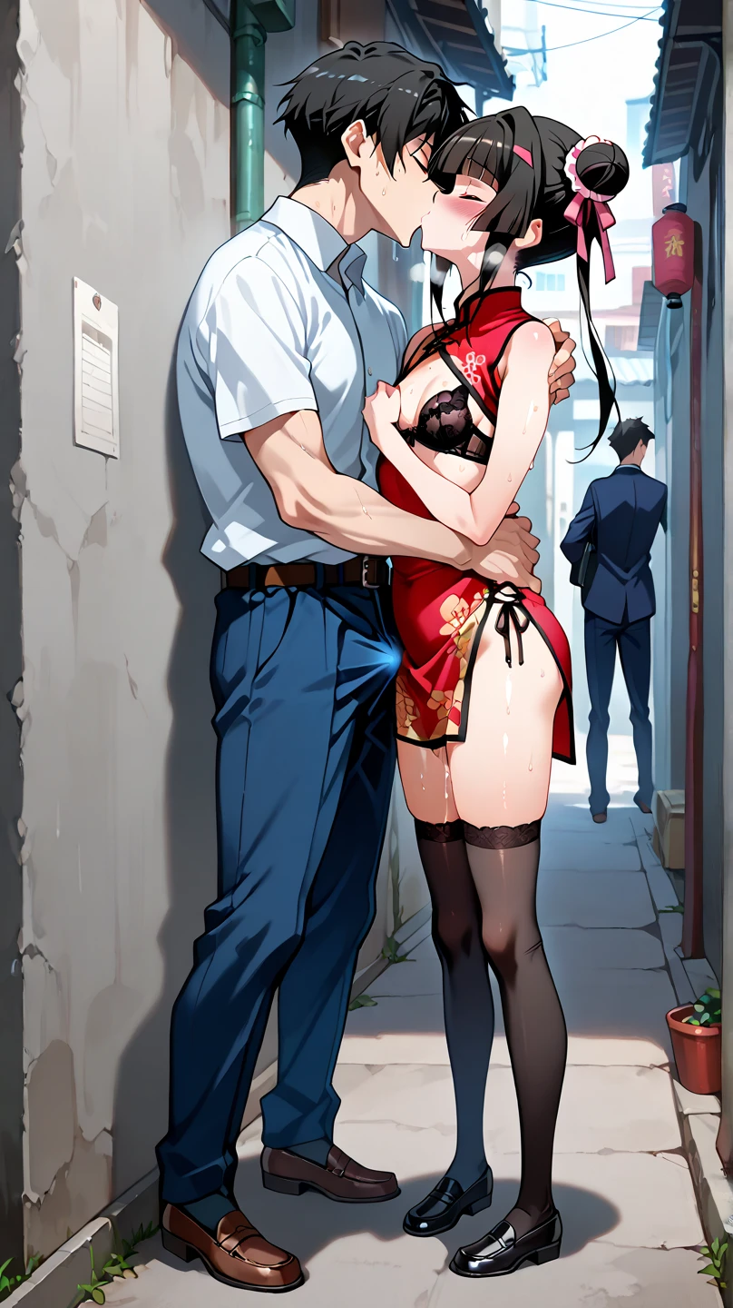 score_9, score_8_up, score_7_up, source_anime,
kurumitokisaki, kurumi tokisaki, long hair, black hair, red eyes, hair over one eye, smile,
Chinese cheongsam, red chi-pao, lift chi-pao, long black fishnet stockings, High heels,black lace underwear,
outside, be watched by people, blush,
looking at viewer, squat
