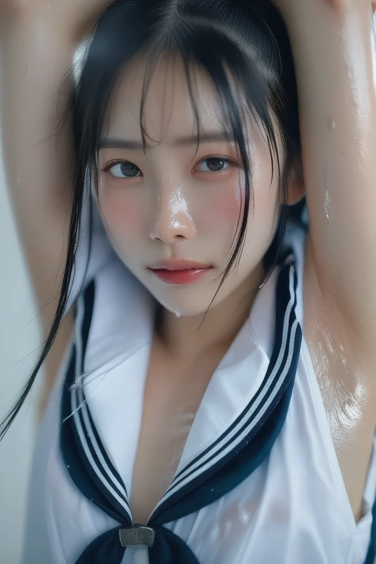 ((top-quality、8K、masterpiece:1.3))、1girl in、Beautiful breasts:1.3、Slender Abs:1.1、Black hair、(kneeling on the floor、open one's legs:1.2)、hyperdetailed face、very detailed lips、A detailed eye、二重まぶた、((facial cum shot:1.3))、((Group Bukkake:1.3))、((Semen all over the body:1.3))、a short bob、cute little、a beauty girl、armpits hair、A smile、Dimples、School Uniforms、a junior high school student