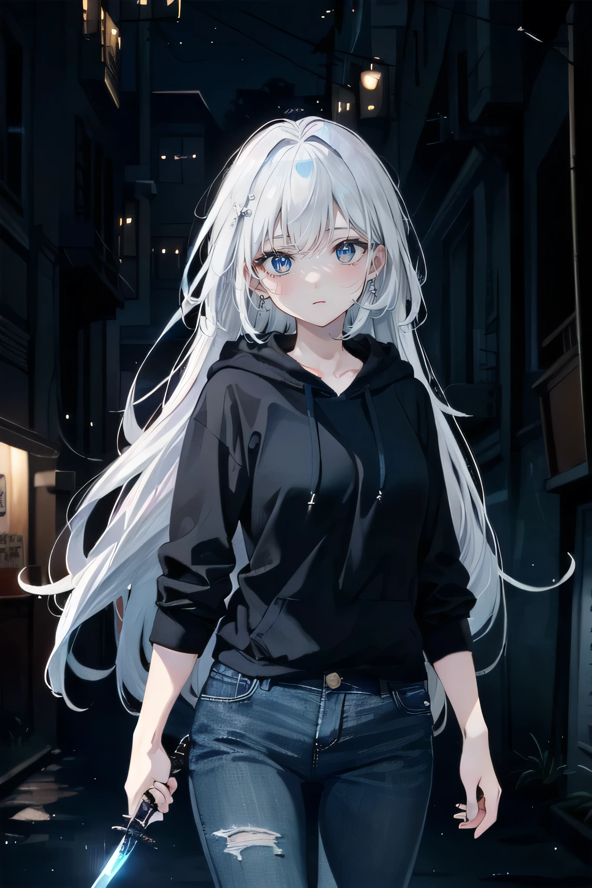 (masterpiece), (best quality), (ultra high resolution), (ultra detailed), High definition RAW color art, animation,sculpture, Silver Marble Skin, Ultra detailed elegant, finely detailed color, cenematic painting, ((holding dagger)), urban, ((night:2)), alley, ((slum)), ((high angle)), bishoujo, ((one lady)), beautiful and detailed face, detailed eyes, ,expressionless face, 20-year-old lady, cute face, white hair, absurdly long hair, straight hair, ((deep blue eyes:1.5)), Bokeh, silky Touch, hyper detail, textured skin, ( Super Detail), (top quality), beautiful eyes, elegant face, ((black hoodie)), long jeans, walking, slender body, small chest, dark background