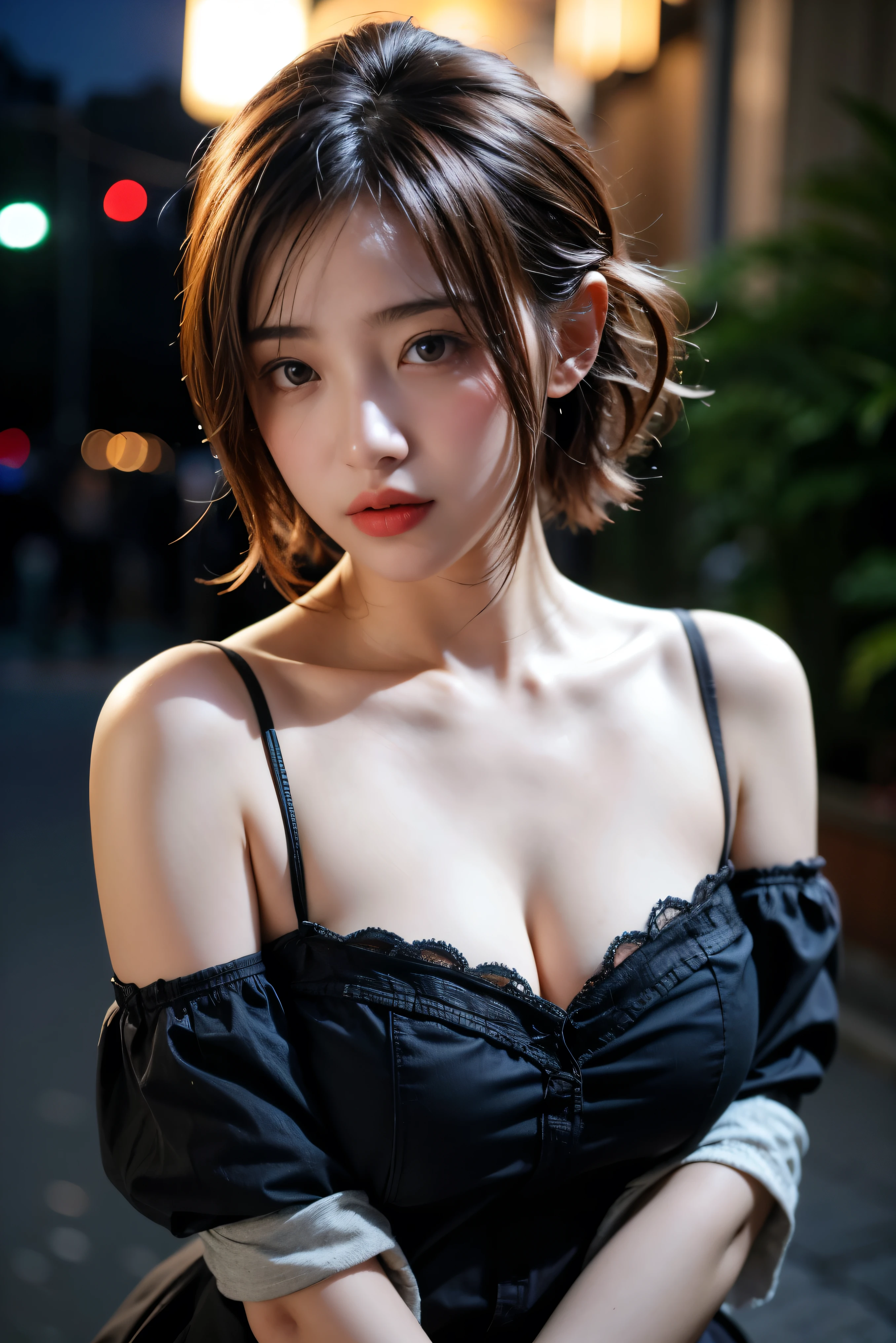 Beautiful Japan adult woman、((Realistic lighting、top-quality、8K、 masterpiece:1.3))、Clear Focus:1.2、1girl in、Perfect Body Beauty:1.4、Slim abs:1.1、((dark brown hair、huge tit:1.1))、(Shirring Bandow Dress:1.4),、((outside of house、In the street、midnight:1.3))、Street、Super fine face、finely eye、二重まぶた、Exposed cleavage、