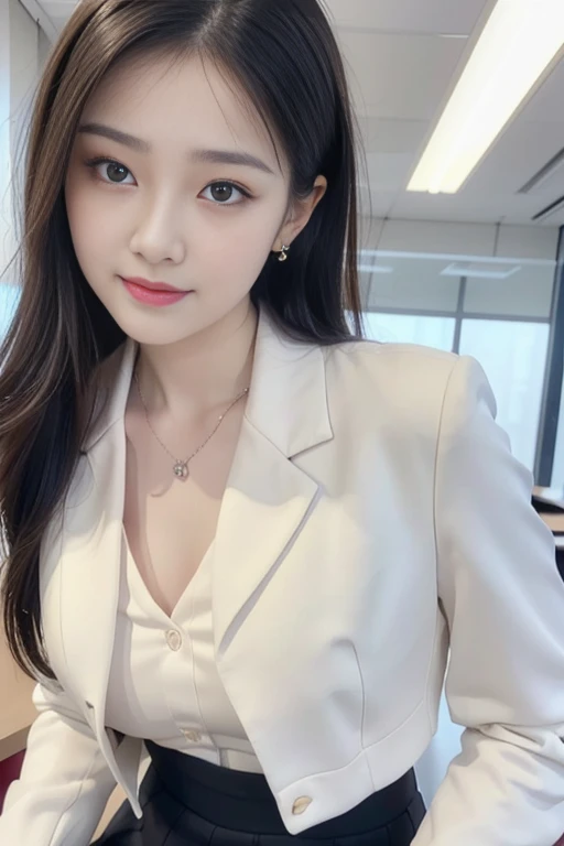 A woman with long hair with an elegant temperament,Beautiful facial features,Wearing a pale yellow professional two-piece suit,Stand in front of the printer,Holding the document in both hands and thinking,The side face has smooth and delicate lines。