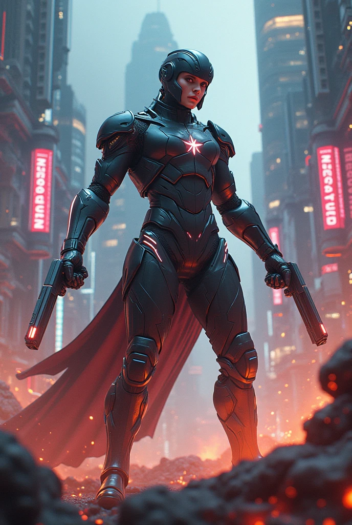 Extremely detailed, very realistic, very sharp, hyperrealistc, hyper realistic, best quality, females, soldier, military, tall, black armor, harness, straps, power armor, armor, weapon, powered, large pauldrons, straps, standing, sci-fi, no skin, concept, red lights, red backlights, concept, modern, futuristic, future, black armor, leg armor, red shawl, military pose, army, red LED, altered carbon, mass effect, destiny, titanfall, warface, warframe, riot police, conceptual, plated, black, glossy, holster, on duty, cape, cloak, in line, shawl, adult long face, 50 age, sharp jaw, open face, face visible, very short hair, face