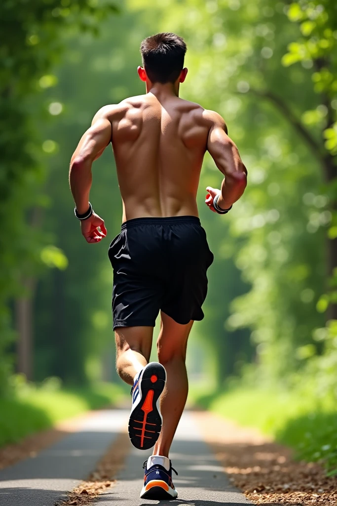 photorealistic, best quality, masterpiece, extremely detailed, sexy, homoerotic, extremely handsome, youthful, 25 year old muscular korean man, ((muscular bodybuilder)), ((massive thighs)), tight booty shorts, big bubble butt, very sweaty, looking back at camera, big smile, happy, running at park, side view, extremely romantic atmosphere, perfect face, perfect fingers, perfect hands, perfection