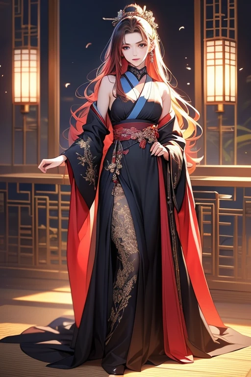 (top-quality,tmasterpiece:1.3),(Red-haired Nono),Red long-haired,Wearing a black wedding dress,Black heels,rosette,Slender and graceful, super sharp focus, realistic lens,8K quality,High value